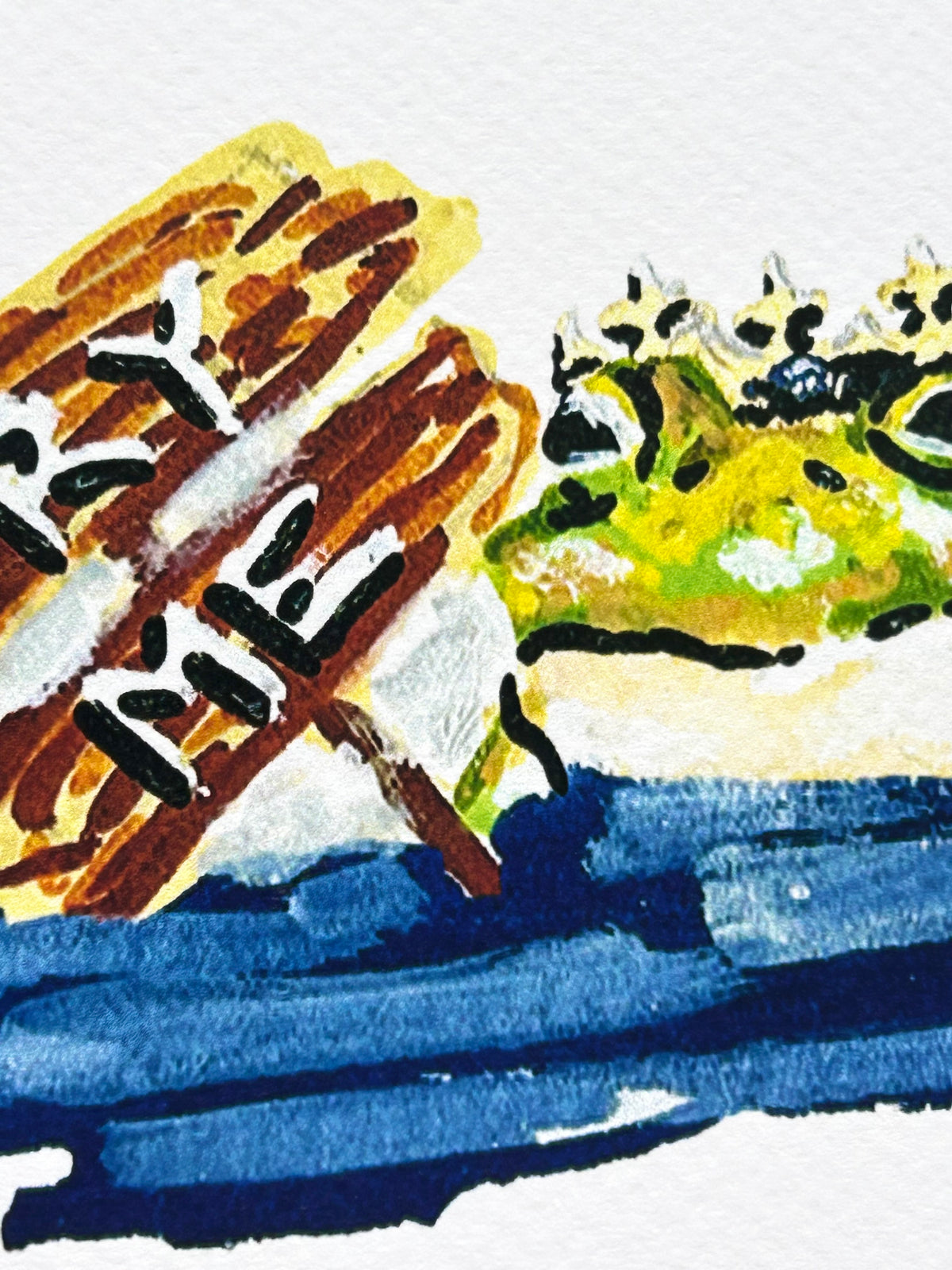 Close-up detail of Try Me frog art print showing the crowned frog and hand-painted sign