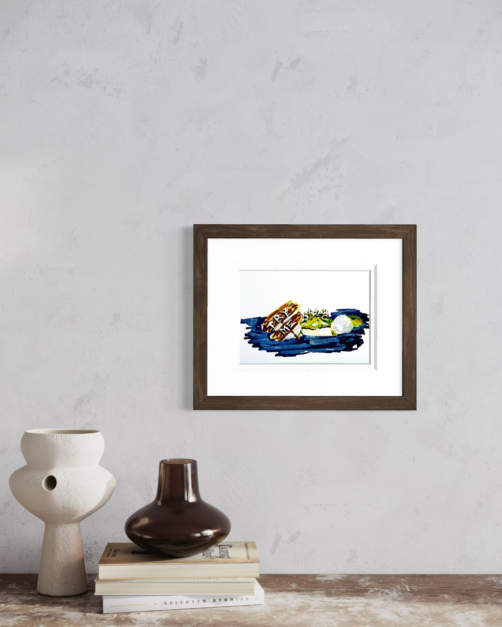 Try Me 5x7 frog art print displayed in a brown frame on a neutral wall