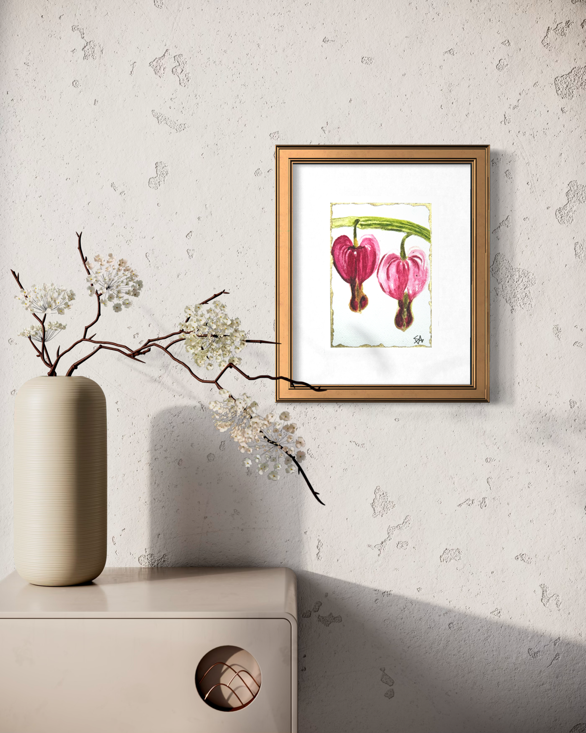 Twin Devotion 5x7 floral art print displayed in a gold frame with neutral decor and flowering branches
