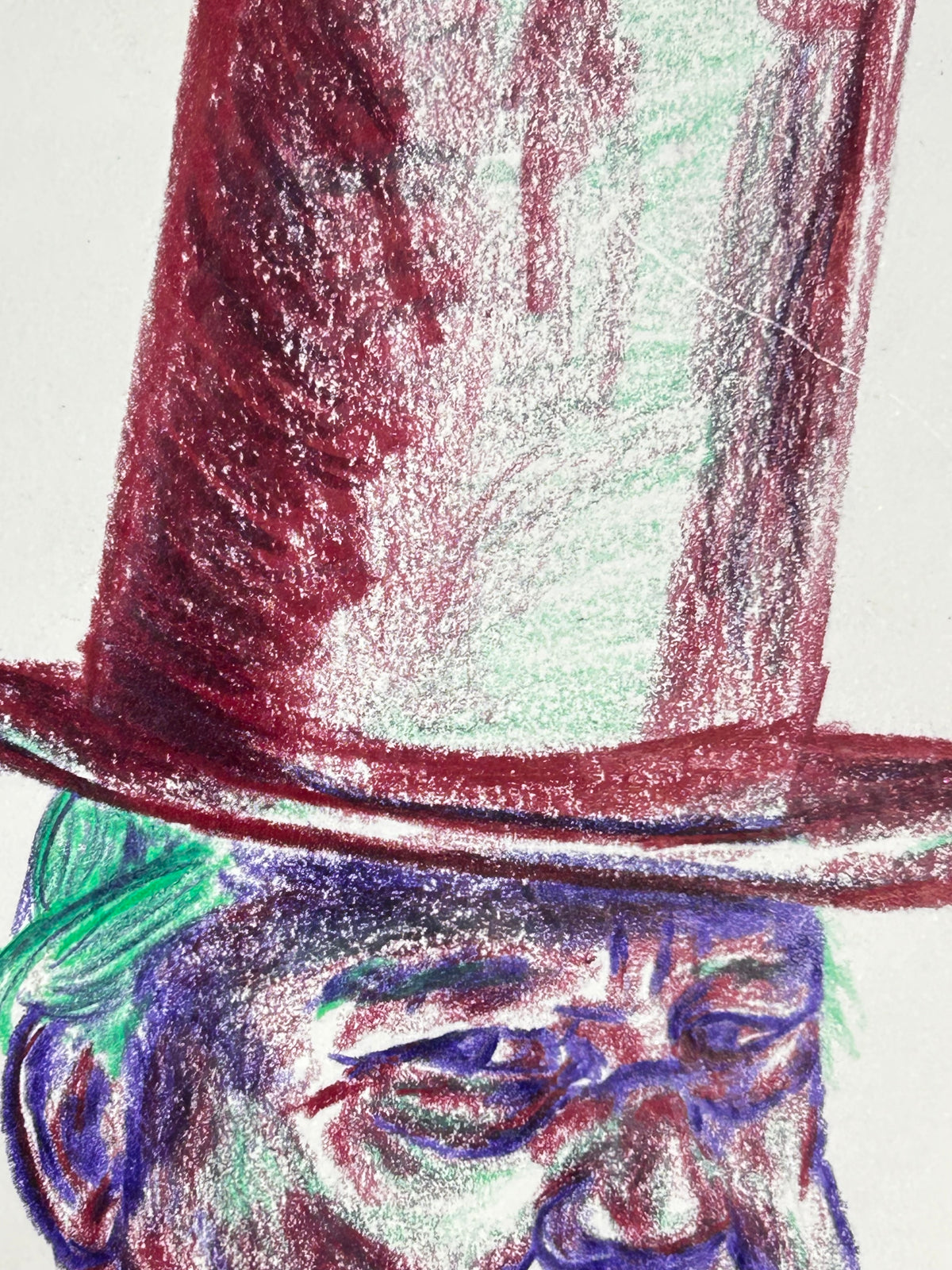 Close-up detail of Under the Hat colored pencil drawing showing the red top hat and expressive portrait