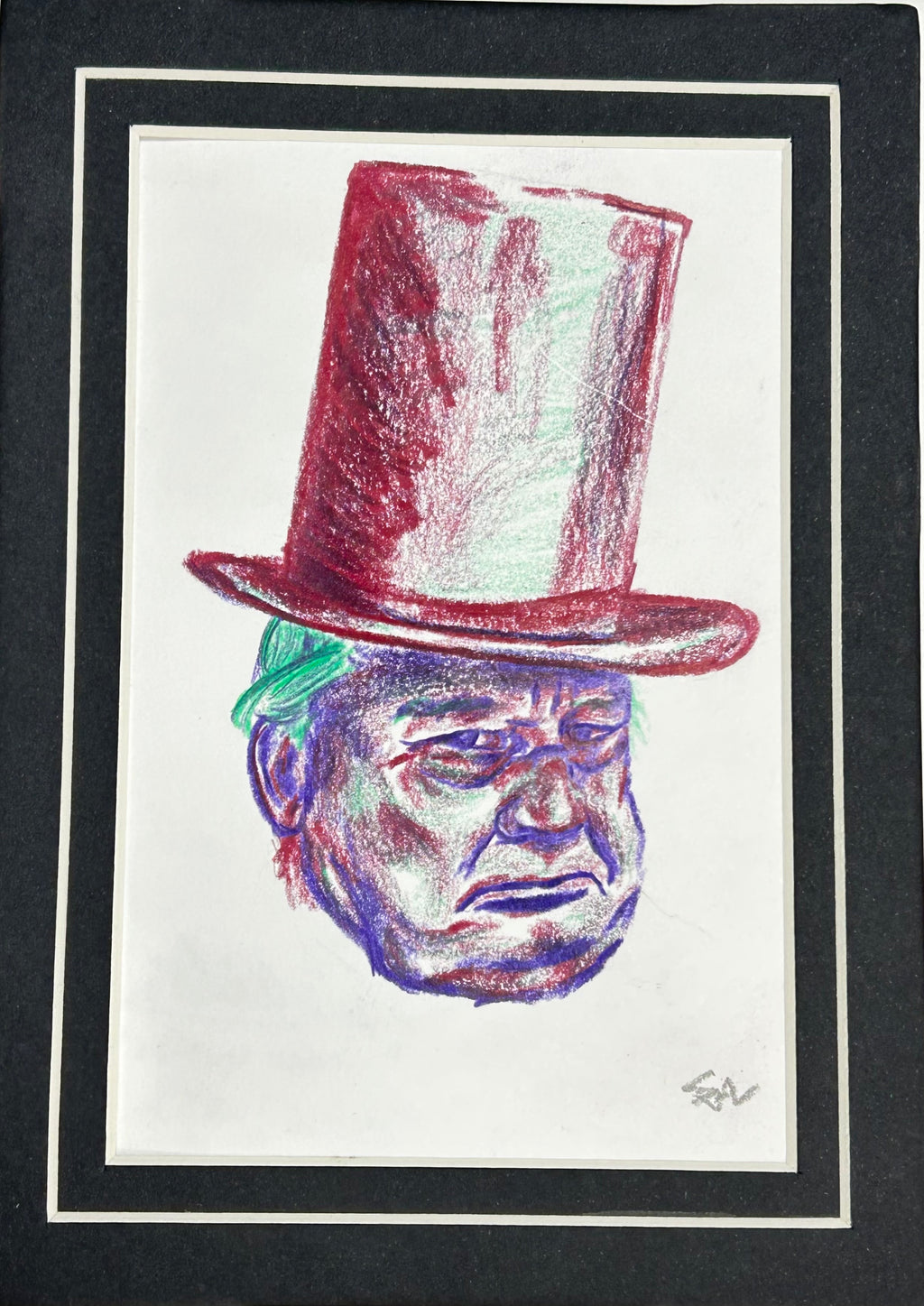 Under the Hat original colored pencil portrait drawing with a red top hat, displayed in a black and white 5x7 mat