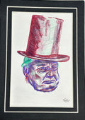 Under the Hat original colored pencil portrait drawing with a red top hat, displayed in a black and white 5x7 mat