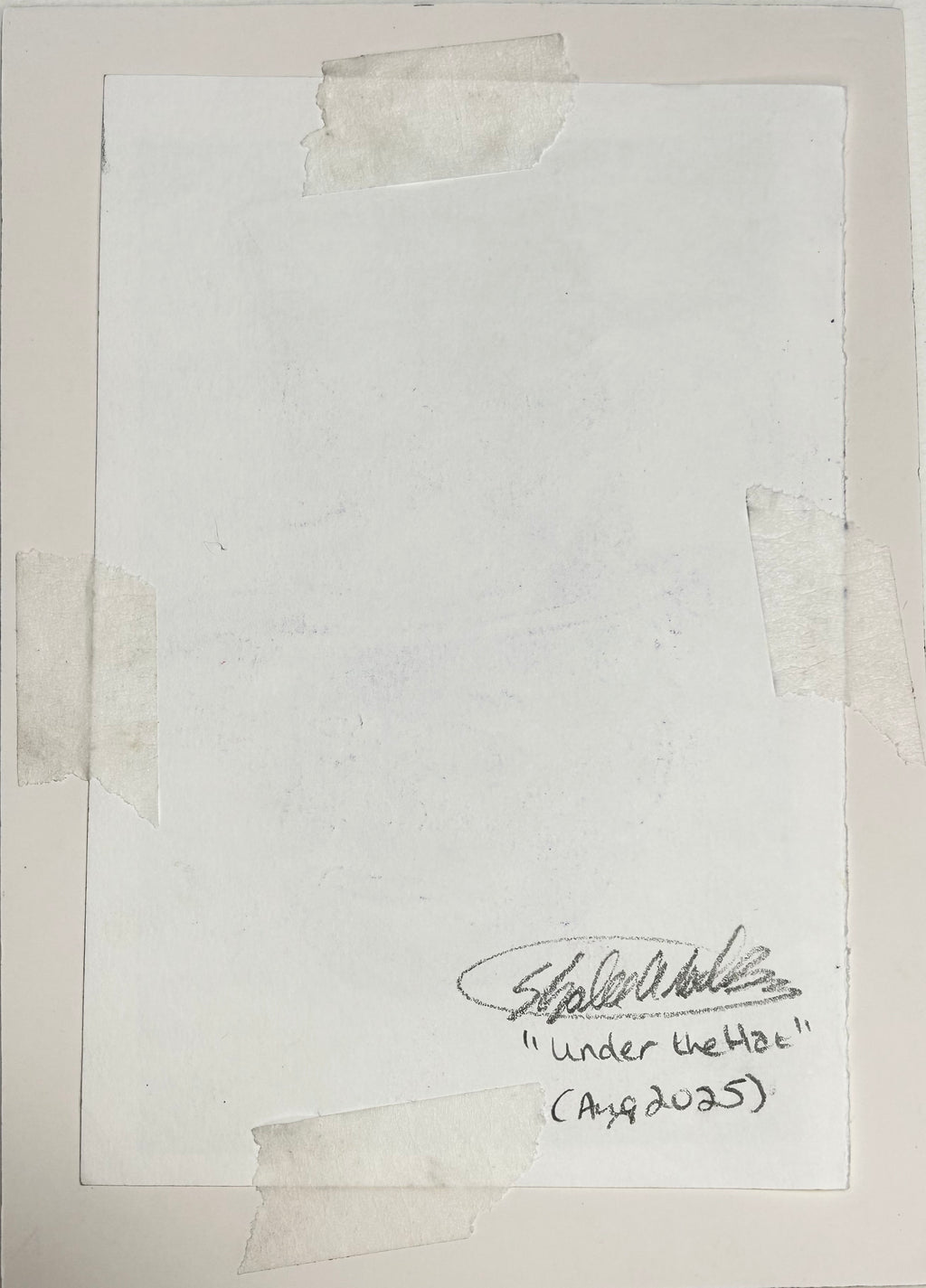 Back of Under the Hat original colored pencil drawing showing artist signature, title, and August 2025 date