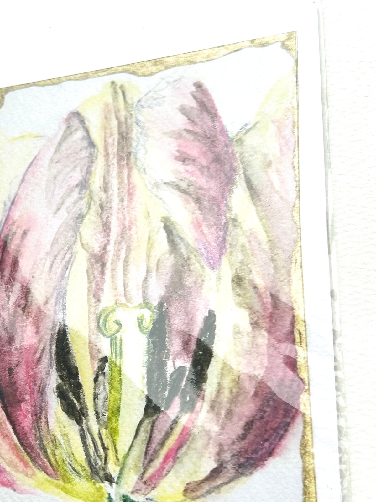 Angled close-up of Veil of Becoming 5x7 art print showing the pink floral artwork and gold border