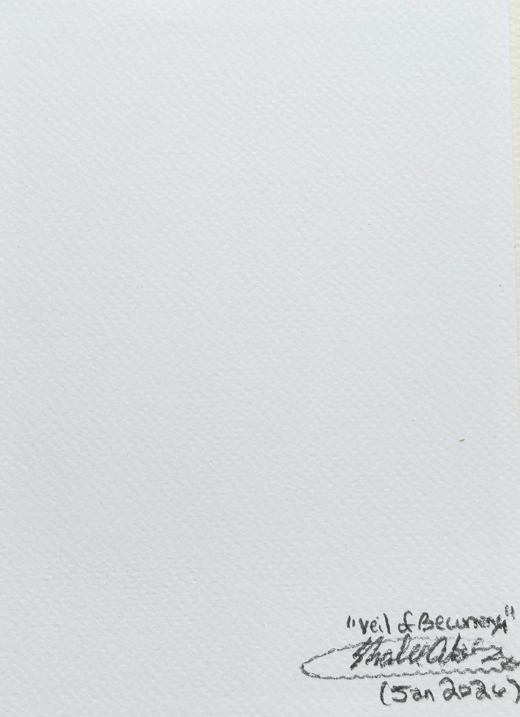 Back of Veil of Becoming 5x7 art print showing the artwork title, artist signature, and date