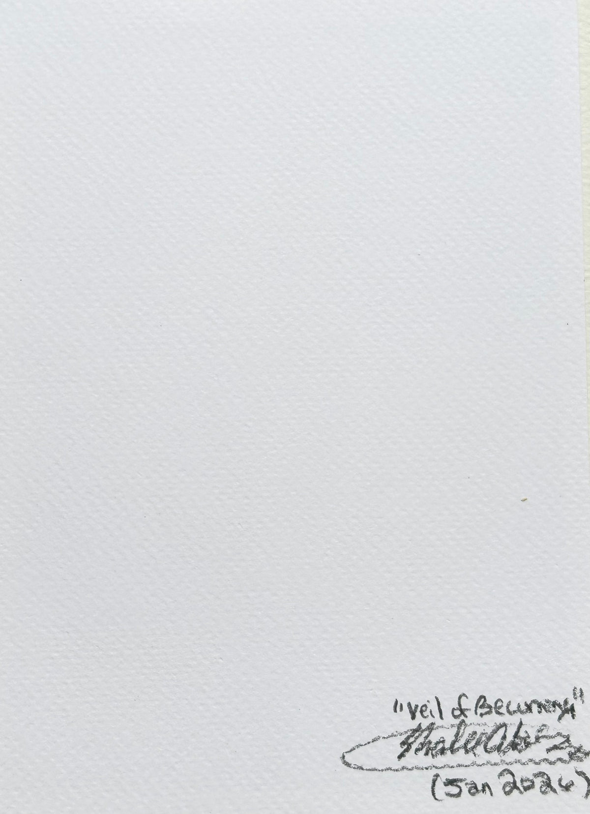 Back of Veil of Becoming 5x7 art print showing the artwork title, artist signature, and date