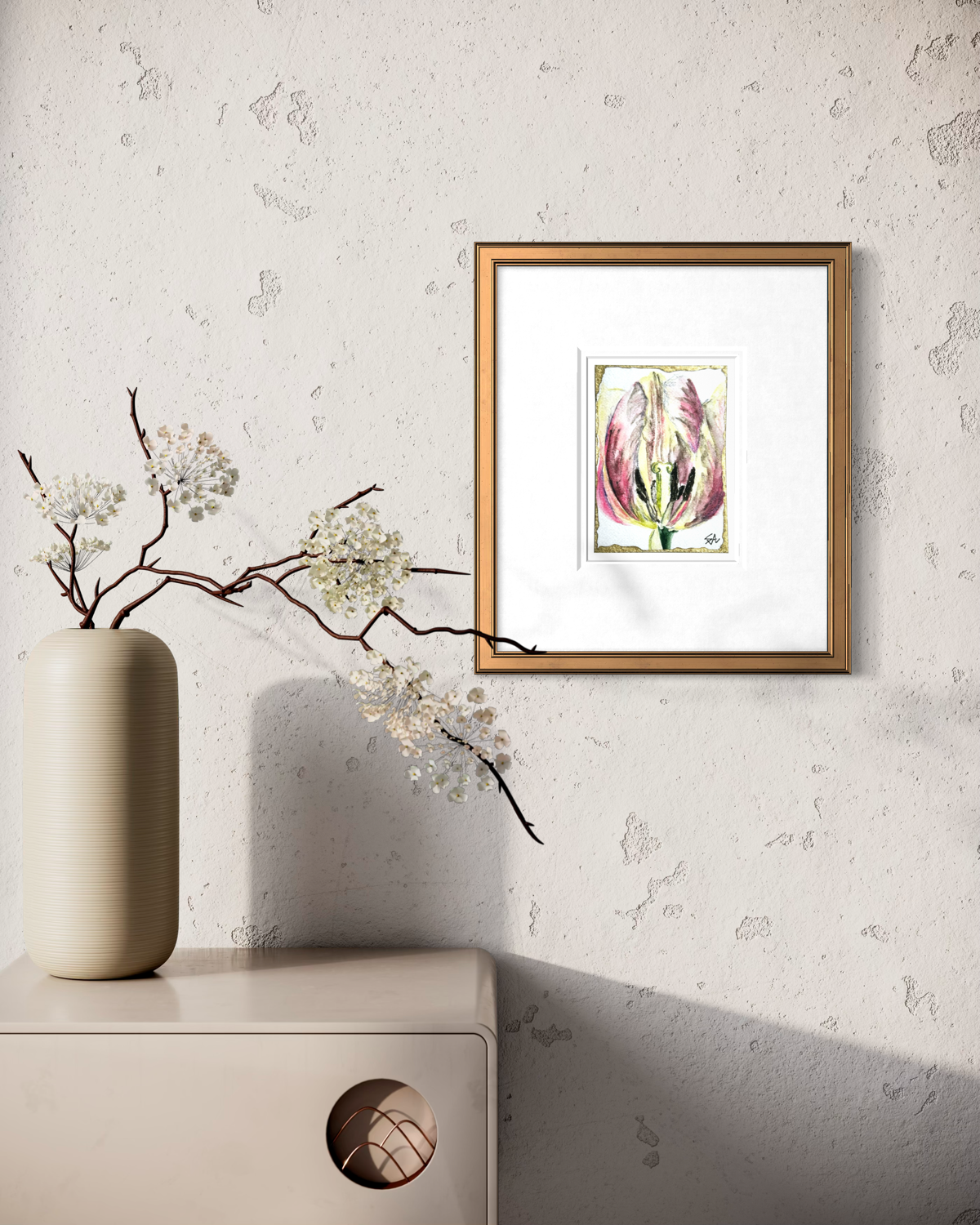 Veil of Becoming 5x7 floral art print displayed in a gold frame on a neutral wall