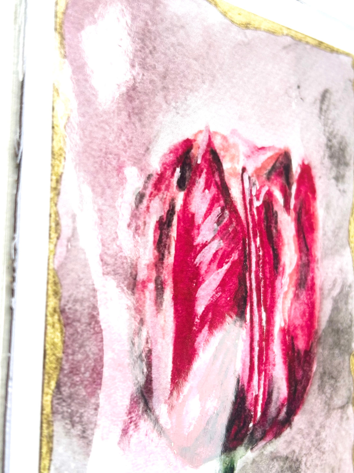 Angled detail of Velvet Solitude 5x7 art print showing the pink flower, textured background, and gold border