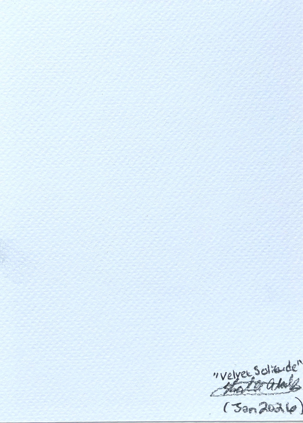 Back of Velvet Solitude 5x7 art print showing Shalee Talbert's signature, artwork title, and January 2026 date