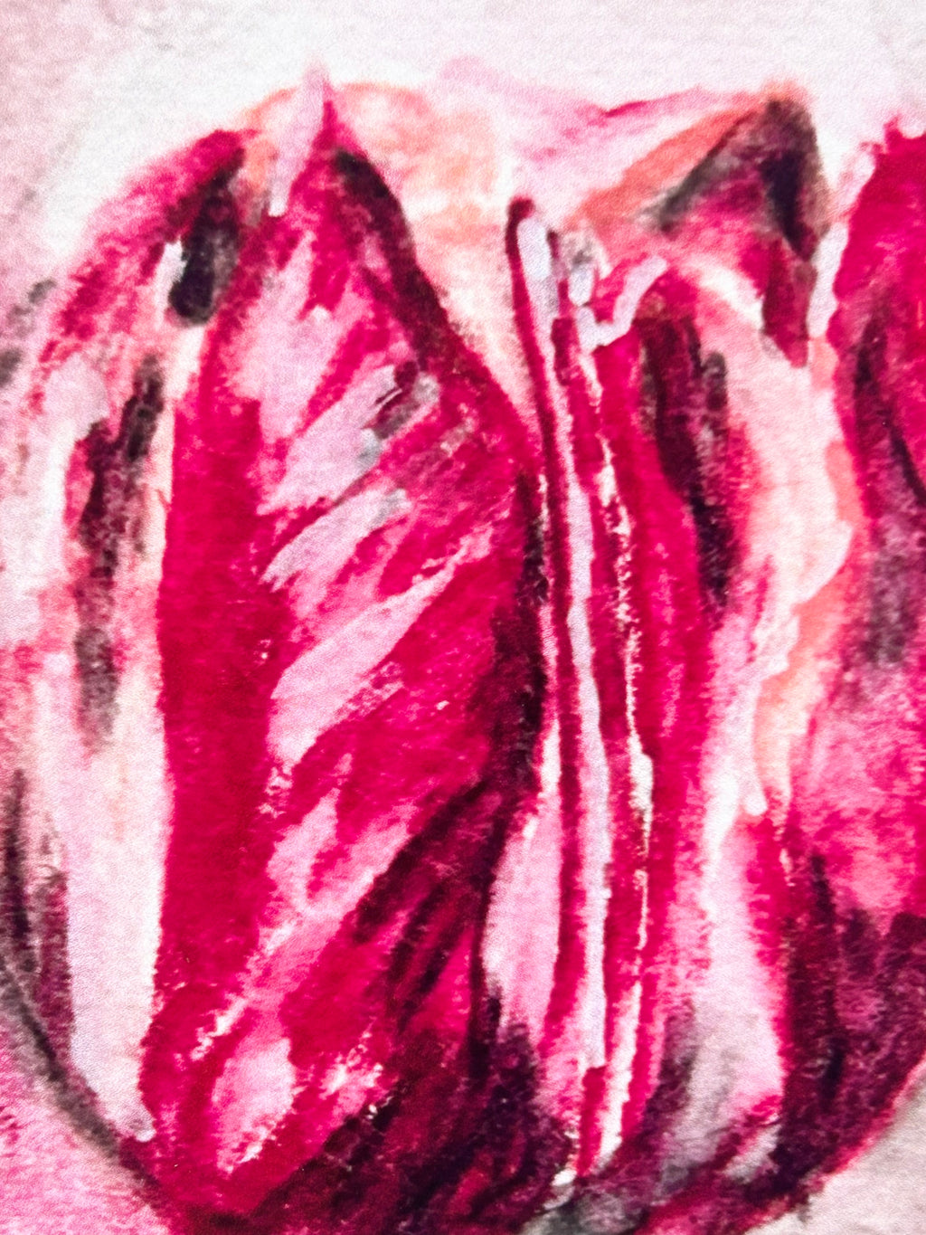 Close-up of Velvet Solitude art print showing expressive pink and burgundy brushwork on the flower petals