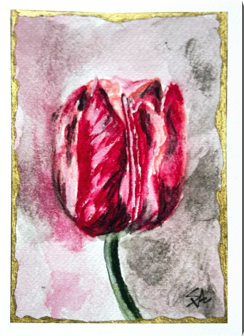 Velvet Solitude 5x7 art print featuring an expressive deep pink tulip with a textured gray and pink background and gold border