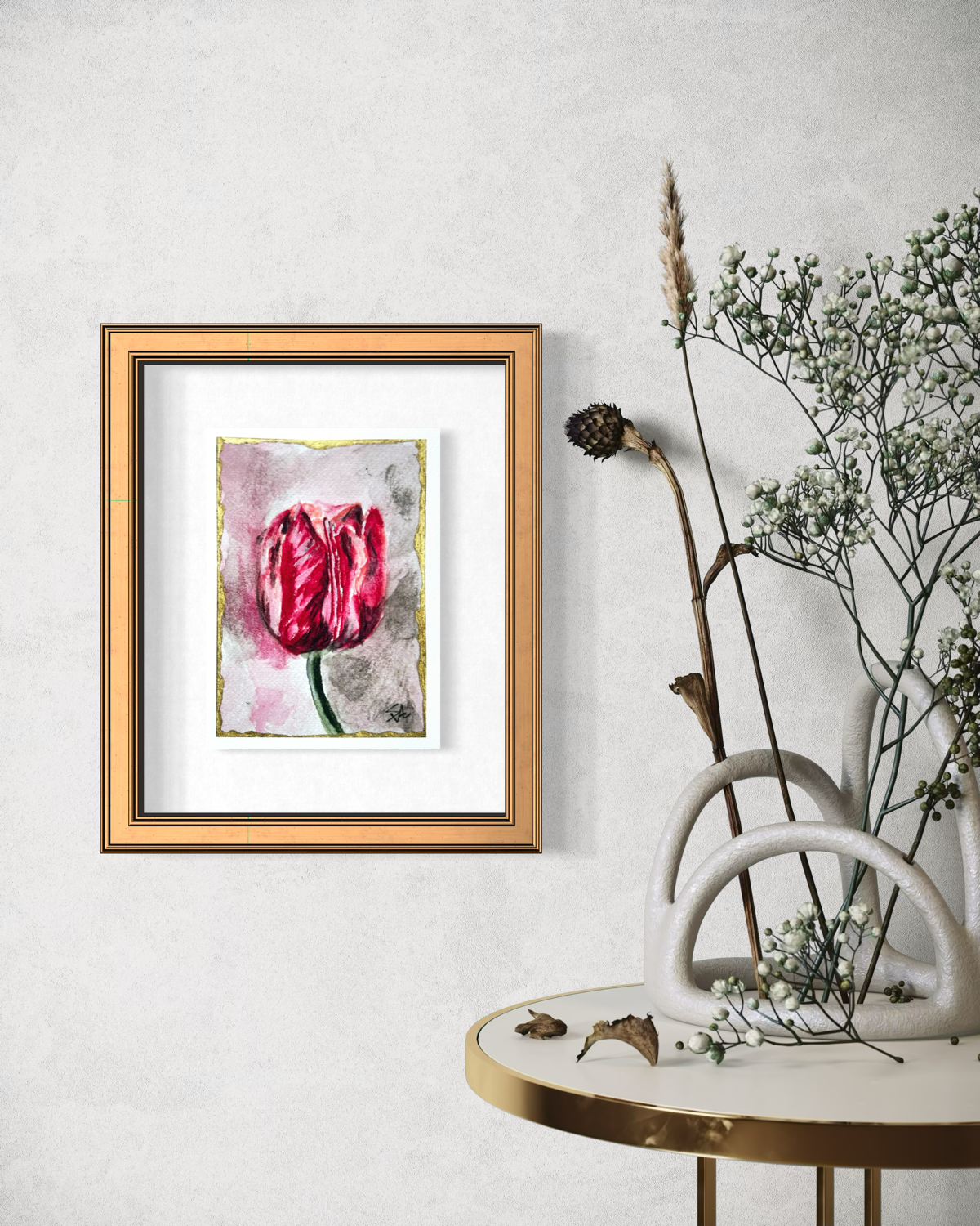 Velvet Solitude 5x7 floral art print displayed in a gold frame beside dried flowers and modern decor