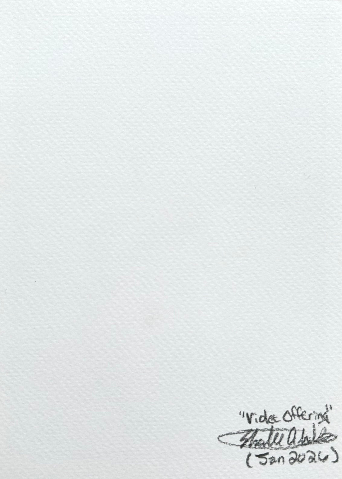 Back of Violet Offering 5x7 art print showing handwritten title, artist signature, and date
