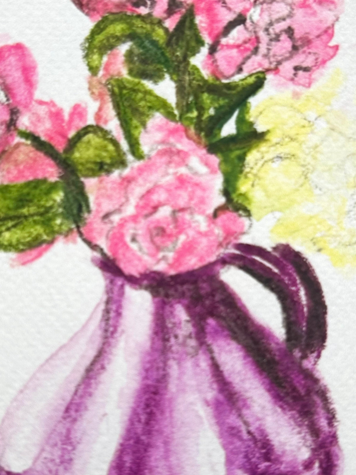 Close-up of Violet Offering 5x7 art print showing pink flowers, green leaves, and a violet vase