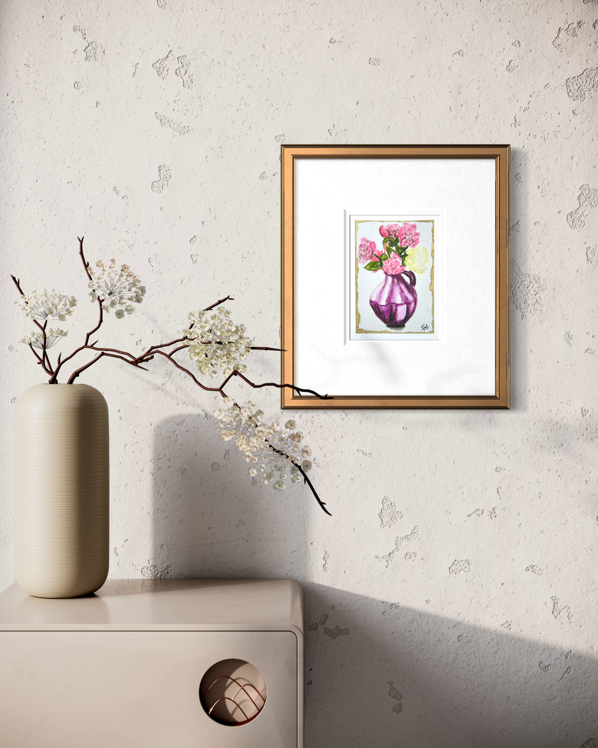 Violet Offering 5x7 floral art print displayed in a gold frame on a neutral wall