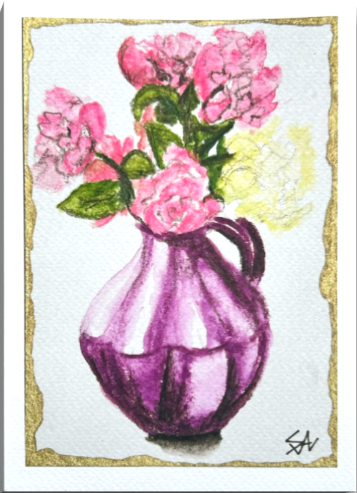 Violet Offering 5x7 art print featuring pink flowers arranged in a violet vase with gold border accents