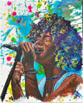 Where the Music Lives original painting of a singer performing, surrounded by vibrant abstract splashes of color.