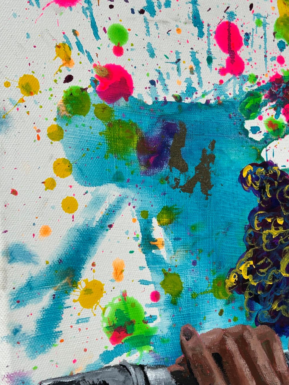 Detail of Where the Music Lives original painting showing vibrant paint splatters, layered brushwork, and canvas texture.