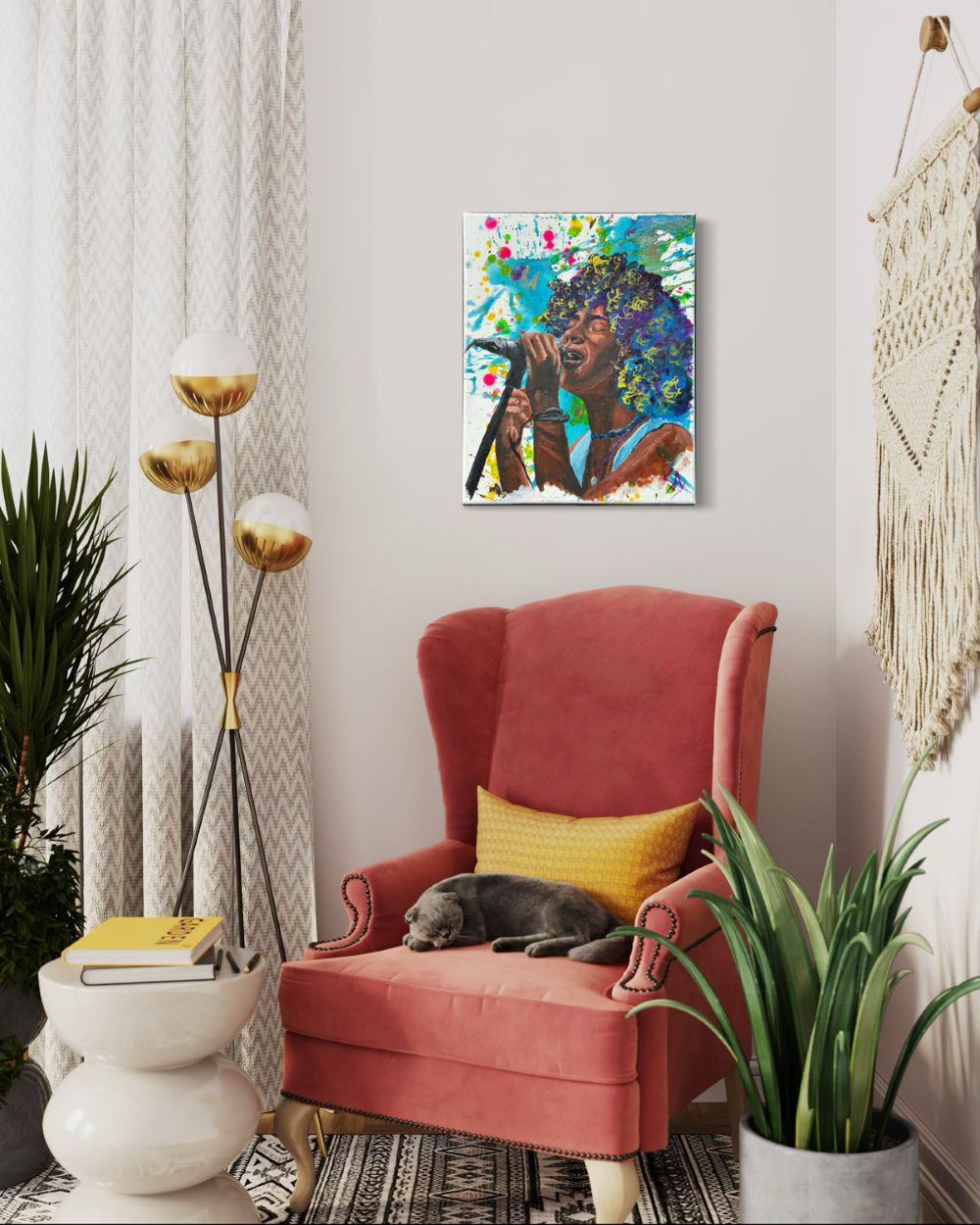Where the Music Lives original 16x20 painting displayed above a coral chair in a styled living space.