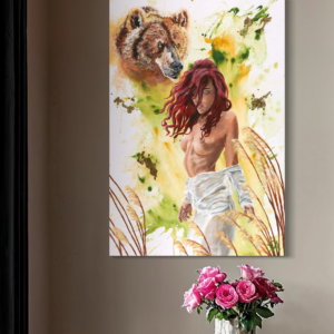 Aura goddess breeze painting original acrylic artwork Greek goddess Aura figurative painting with bear Goddess of the breeze painting with wind and grasses Contemporary mythological painting with gold foil
