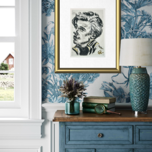 Golden Gaze fine art print by Shalee Talbert from the Gilded Muses collection displayed in a gold frame interior mockup.